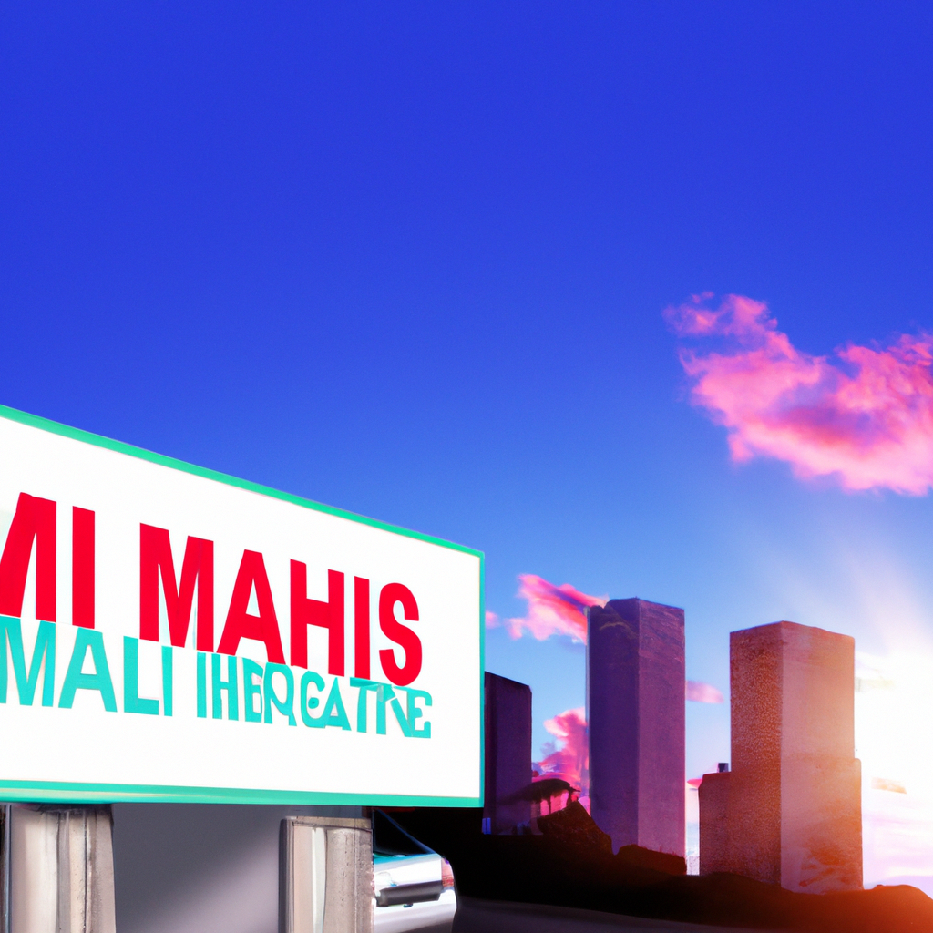 An image showcasing a bustling Miami skyline, with EliteClean Water Damage Restoration Kansas City MO's logo prominently displayed on a towering billboard, symbolizing their exceptional presence and success in navigating the city's Water Damage market