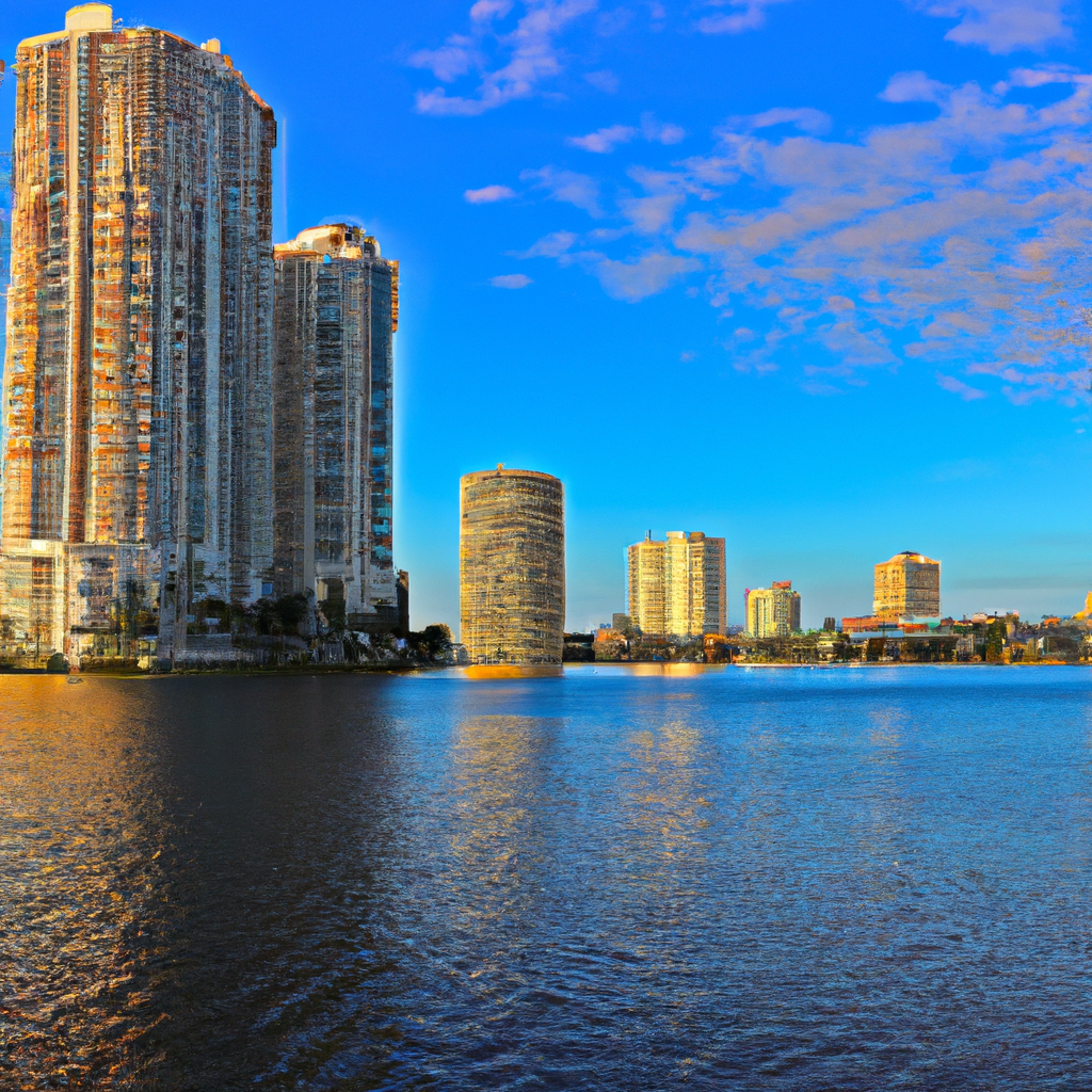 An image showcasing a panoramic view of Hollywood, Florida's vibrant skyline, with luxurious high-rise condominiums and waterfront properties glistening under the golden sun, reflecting the city's booming Water Damage industry